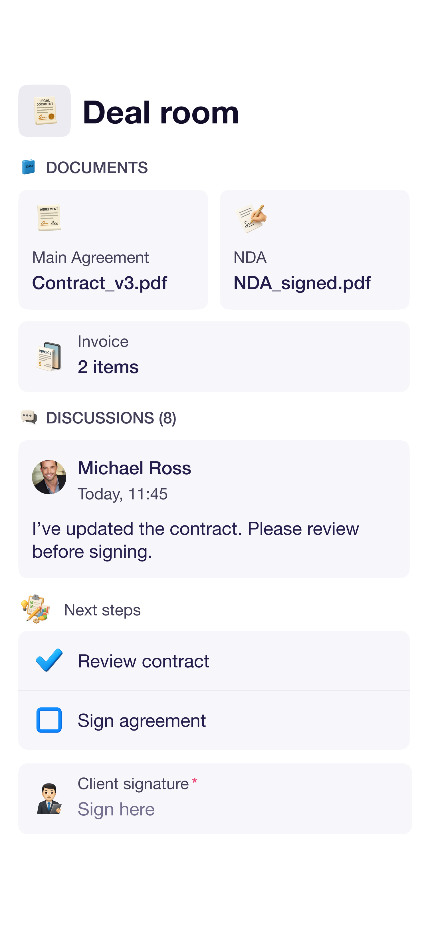 Holacrafts app — Agreement Review page with discussions, materials and tasks